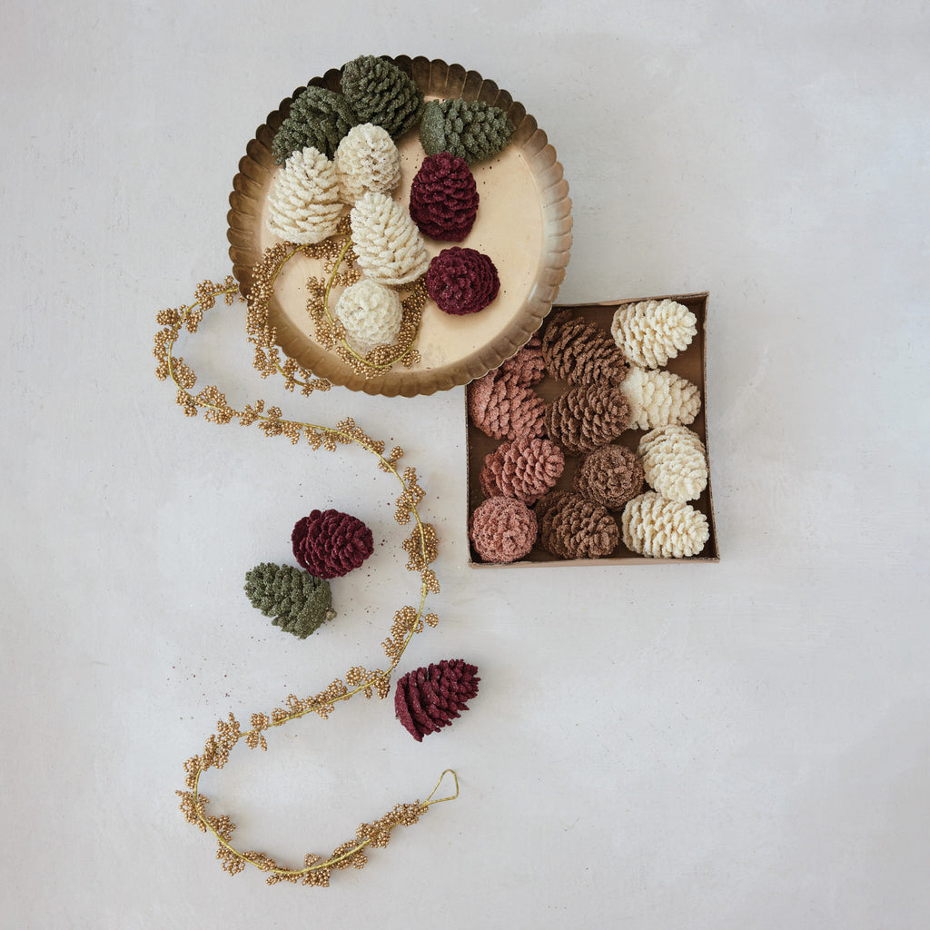 Faux Pinecones with Glitter, Pink, Brown & Cream Color, Boxed Set of 9