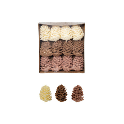 Faux Pinecones with Glitter, Pink, Brown & Cream Color, Boxed Set of 9
