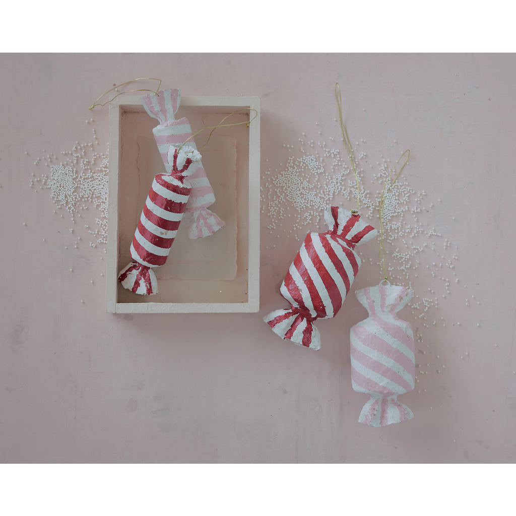 Metal & Paper Mache Striped Candy Ornaments in Pink, Red & White