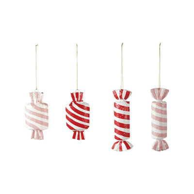 Metal & Paper Mache Striped Candy Ornaments in Pink, Red & White