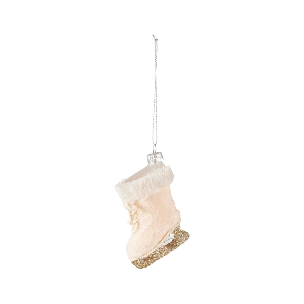 Glass & Faux Fur Ice Skate Ornament with Glitter