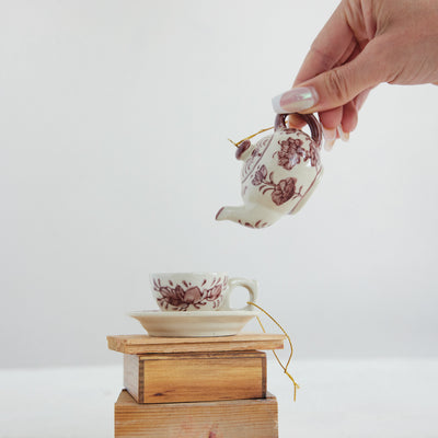 Stoneware Teapot/Teacup Ornament with Botanical Pattern