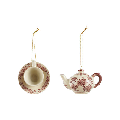 Stoneware Teapot/Teacup Ornament with Botanical Pattern