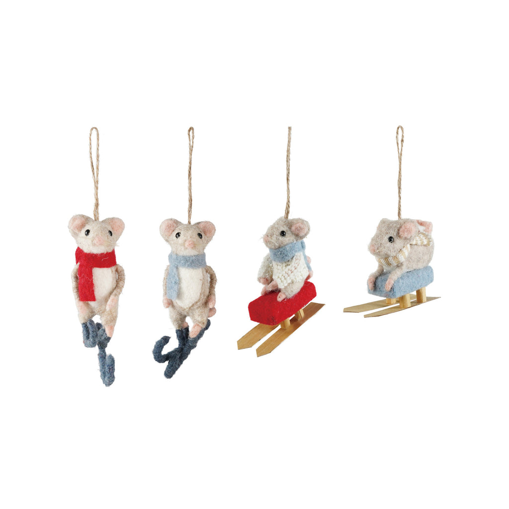 Felt Mice on Sleds and Skates Ornaments