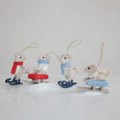 Felt Mice on Sleds and Skates Ornaments