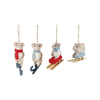 Felt Mice on Sleds and Skates Ornaments